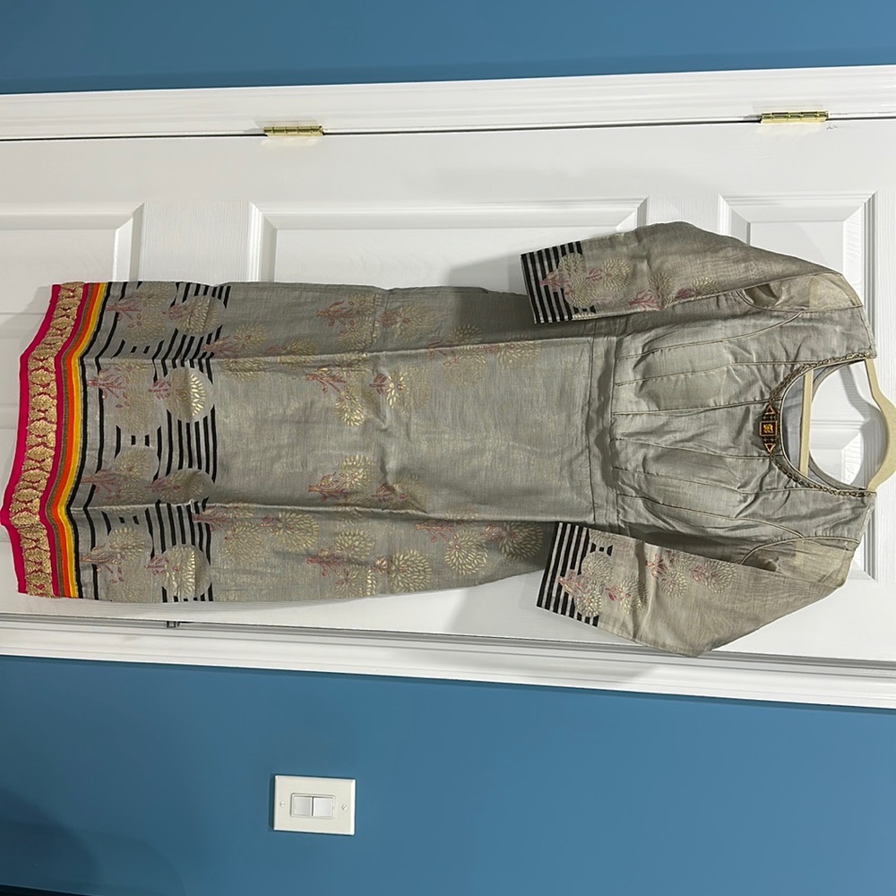 Indian Grey Silk Dress with Pink Silk Leggings and Matching Grey Silk Scarf